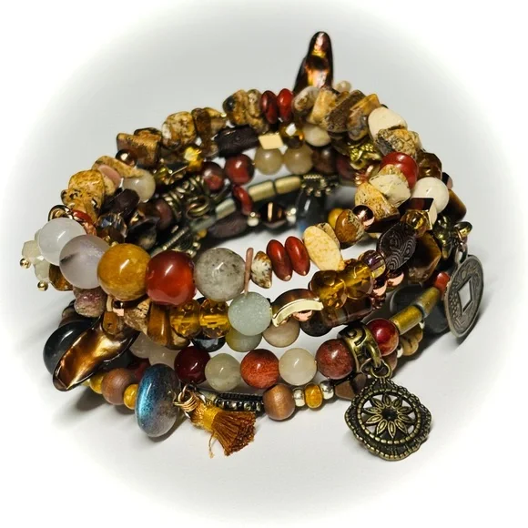 🆕 OOAK Bohemian Bead Mix Memory Wire Wrap Bracelet — Semi Precious Gemstone